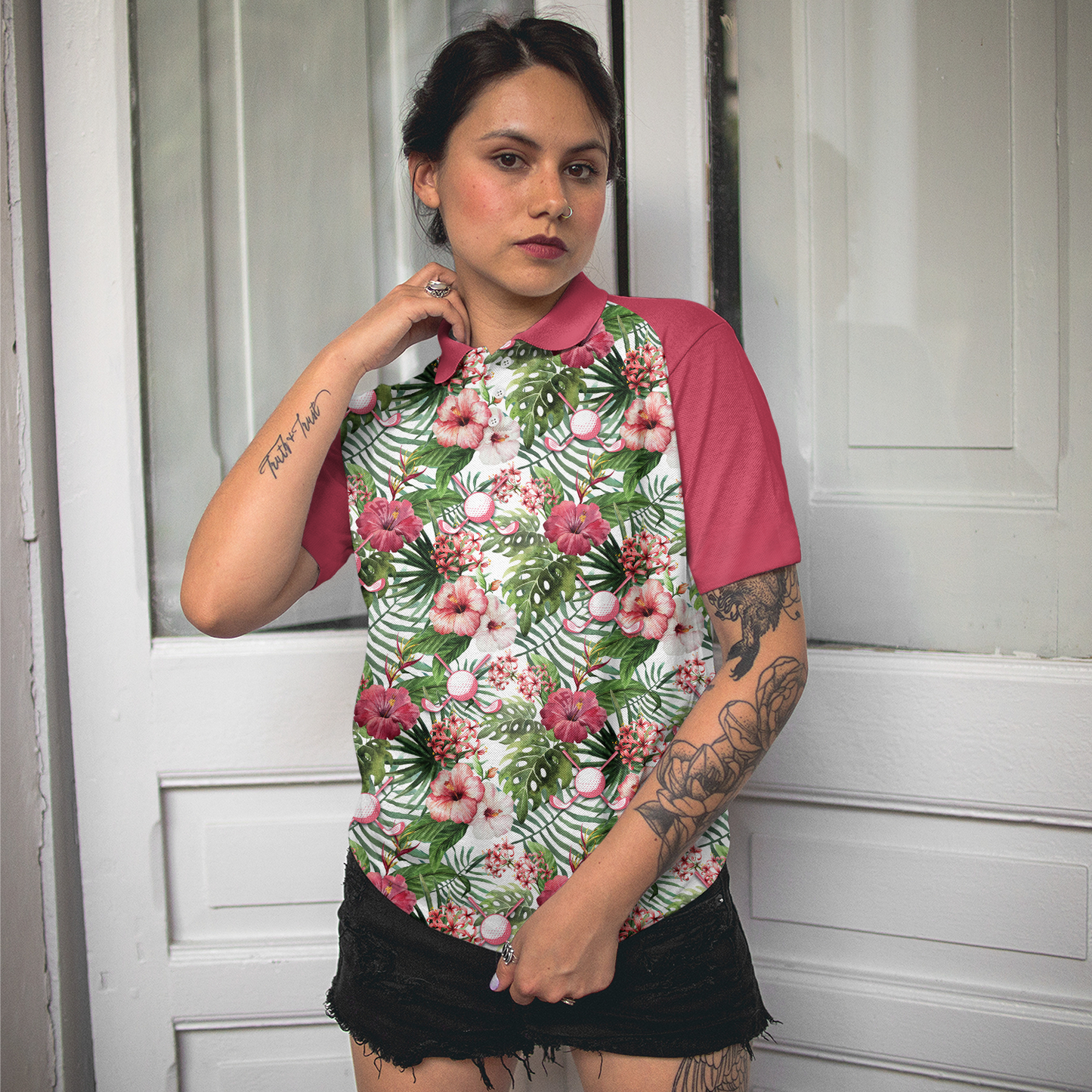 Golf Ball On Tropical Flowers Background Short Sleeve Women Polo Shirt, Tropical Flowers  Pattern Polo Shirt, Best Golf Shirt For Ladies