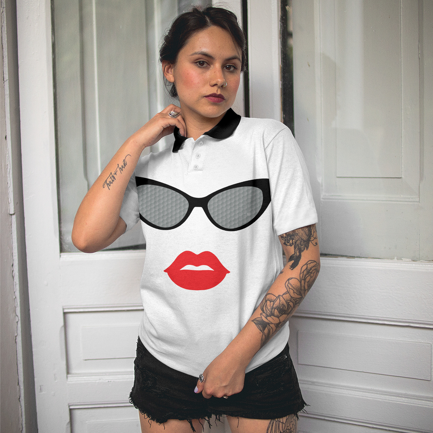 Sunglasses And Sexy Red Lips Women Polo Shirt, Unique White Golf Shirt For Ladies, Golf Short Sleeve Women Polo Shirt - Perfect Gift For Women, Ladies