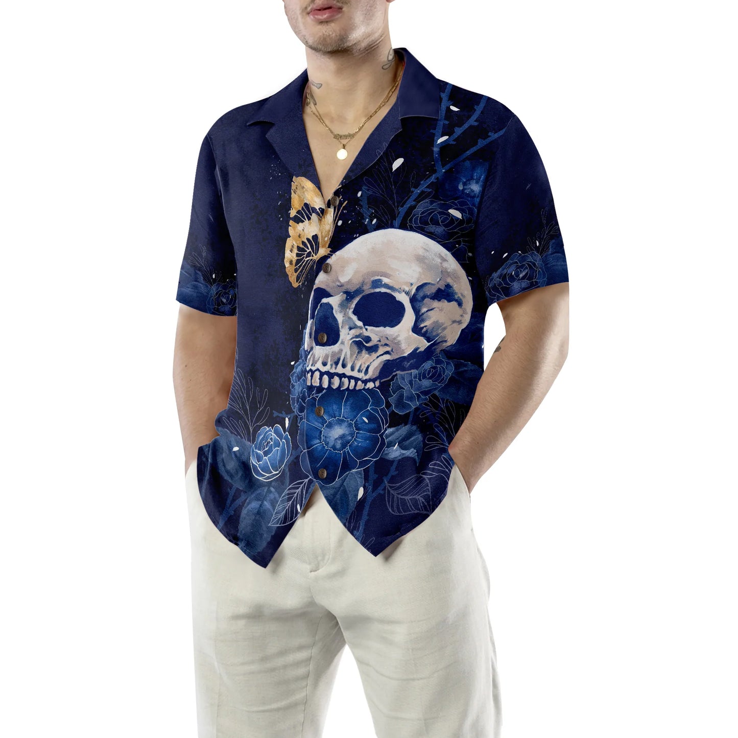 Artistic Gothic Skull with Butterfly Hawaiian Shirt, Blue Peony Flowers Goth Aloha Shirt For Men, Best Gift For Summer, Husband, Boyfriend