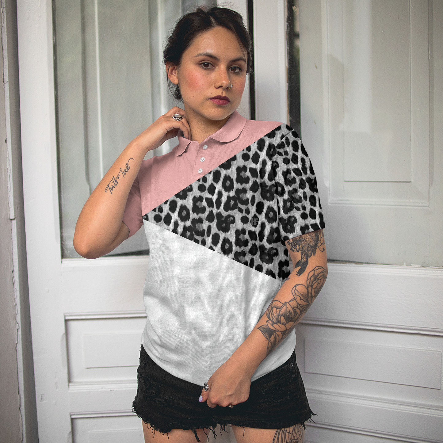 Golf Ball Texture With Leopard Pattern Golf Short Sleeve Women Polo Shirt, Golf Shirt For Female Golfers