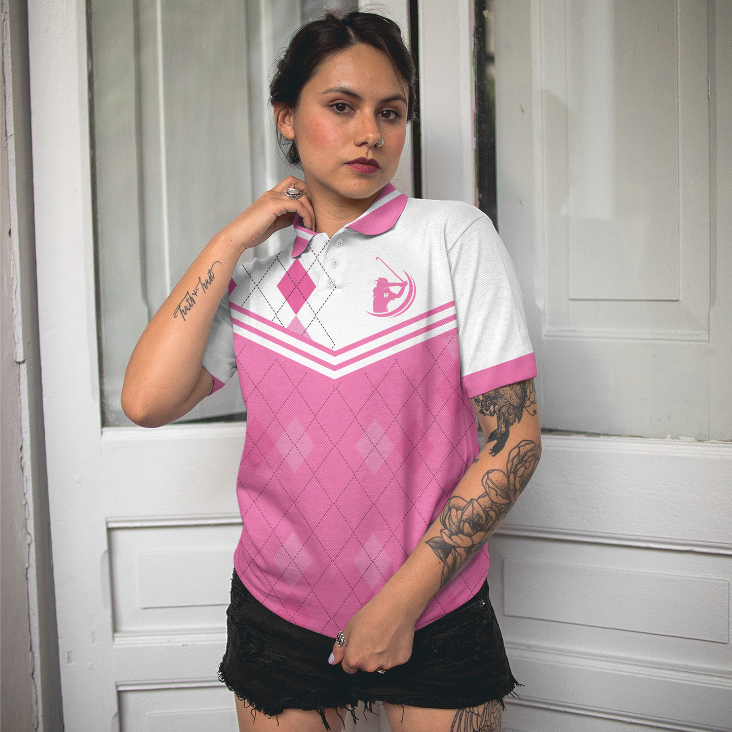 Pink Argyle Pattern Women Polo Shirt, Ass Down Face Up That's The Way I Read My Putts Short Sleeve Golf Shirt For Women, Gift For Golfers