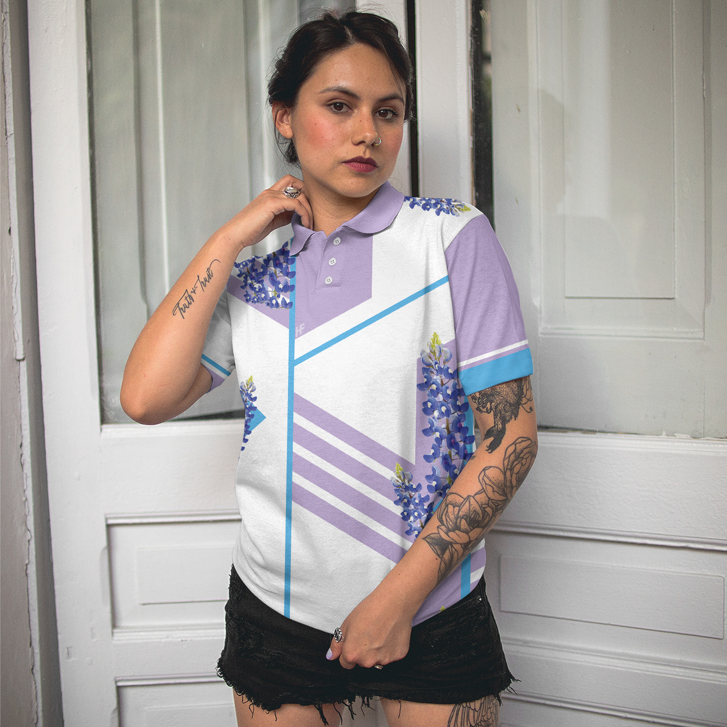 Women Polo Shirt - Bluebonnet With Purple Stripe Golf Short Sleeve Women Polo Shirt, White And Purple Texas Golf Shirt For Ladies