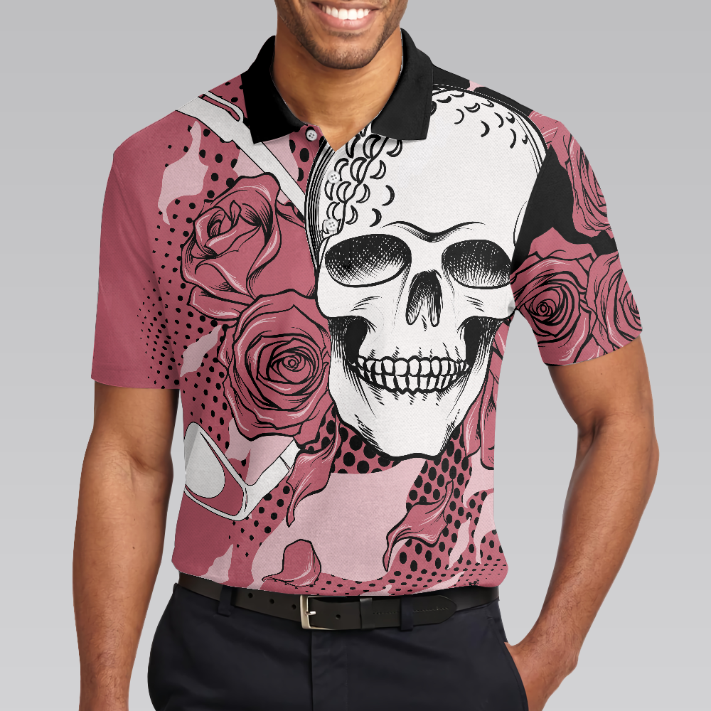 Golf Rose Skull Men Polo Shirt, Pink Polo Shirt For Male Golfers, Thoughtful Golf Gift Idea