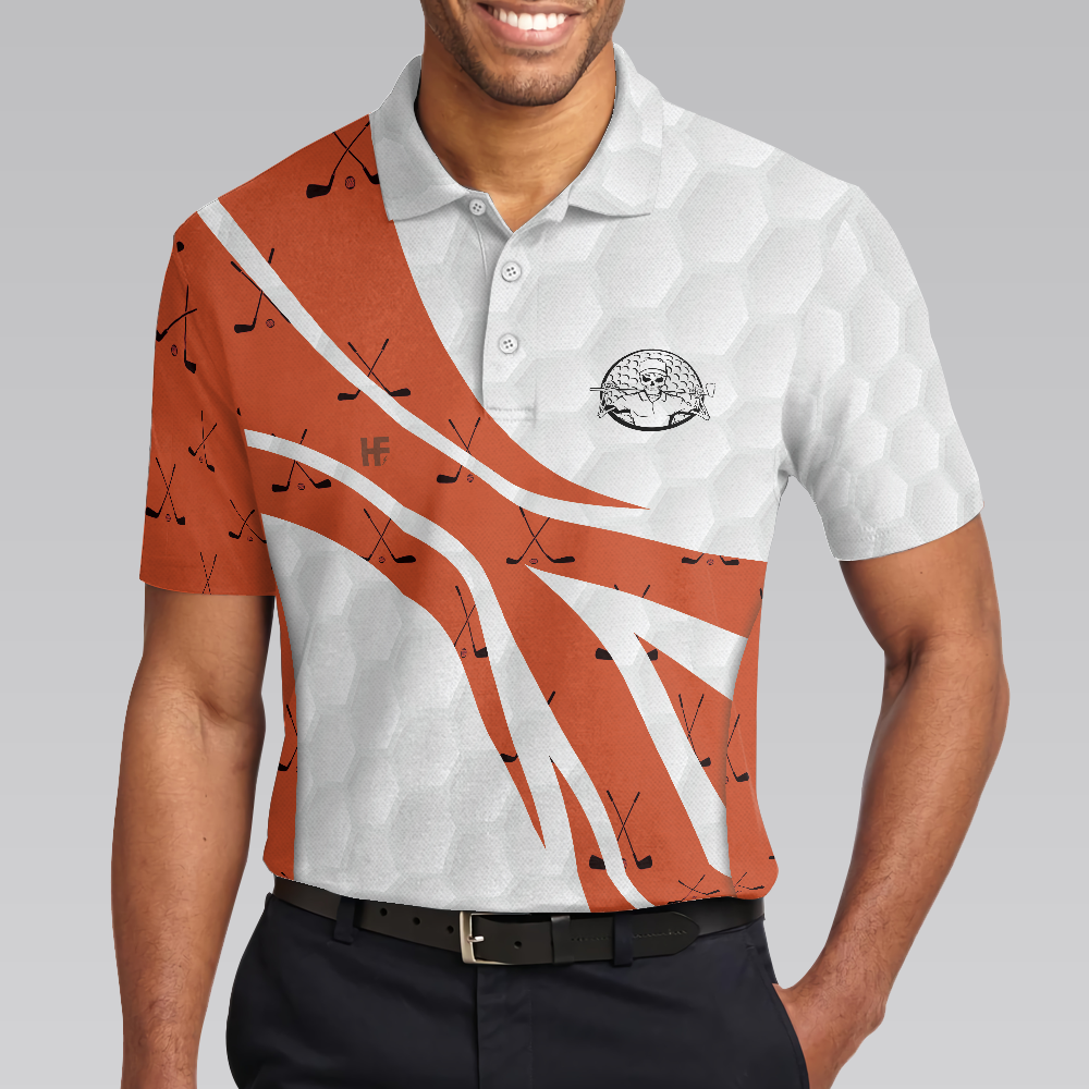 Skull Golfer Seamless Pattern Golf Polo Shirt, White And Orange Golf Shirt For Men, Cool Gift For Golfers - Perfect Gift For Men