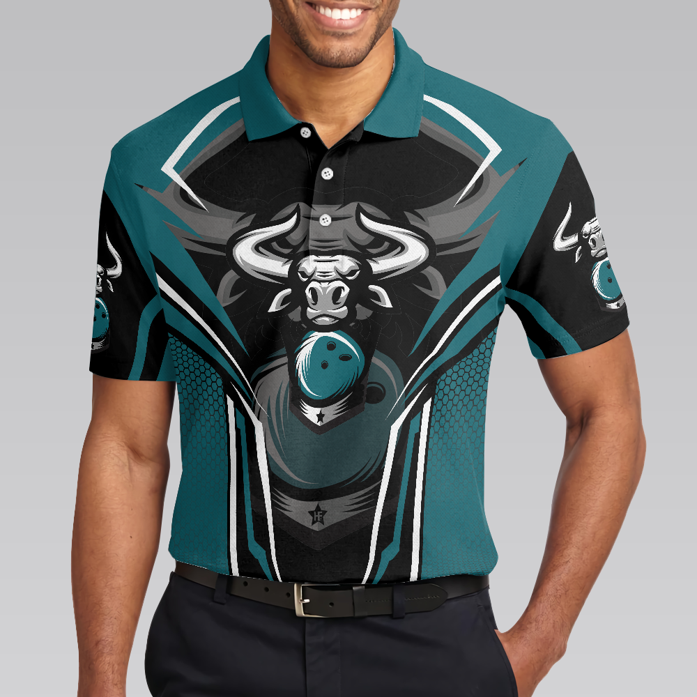Clean Sweep Bowling Bull Short Sleeve Polo Shirt, Digital Bowling Alley Polo Shirt, Best Bowling Shirt For Men