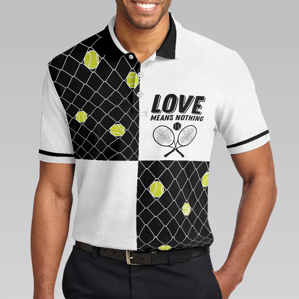 Men Polo Shirt - Love Means Nothing Tennis Polo Shirt - Gift For Tennis player - Tennis Ball Stuck In Steal Wire Fence Polo Shirt