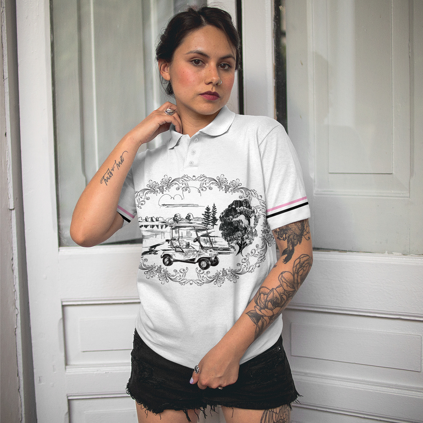 Golf Course Sketch Golf Short Sleeve Women Polo Shirt, Golf Shirt For Ladies, Gift For Female Golfers