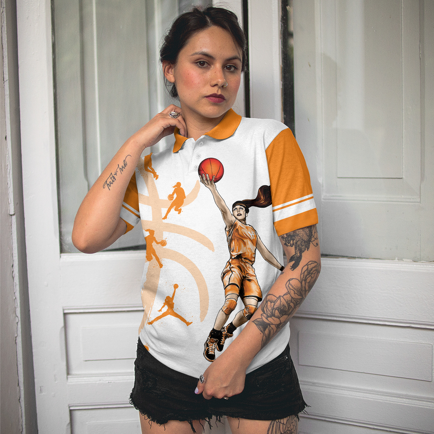 White And Orange Basketball Women Polo Shirt, Anything Worth Doing Is Worth Doing With Passion Basketball Short Sleeve Shirt For Ladies, Gift For Basketball Lovers