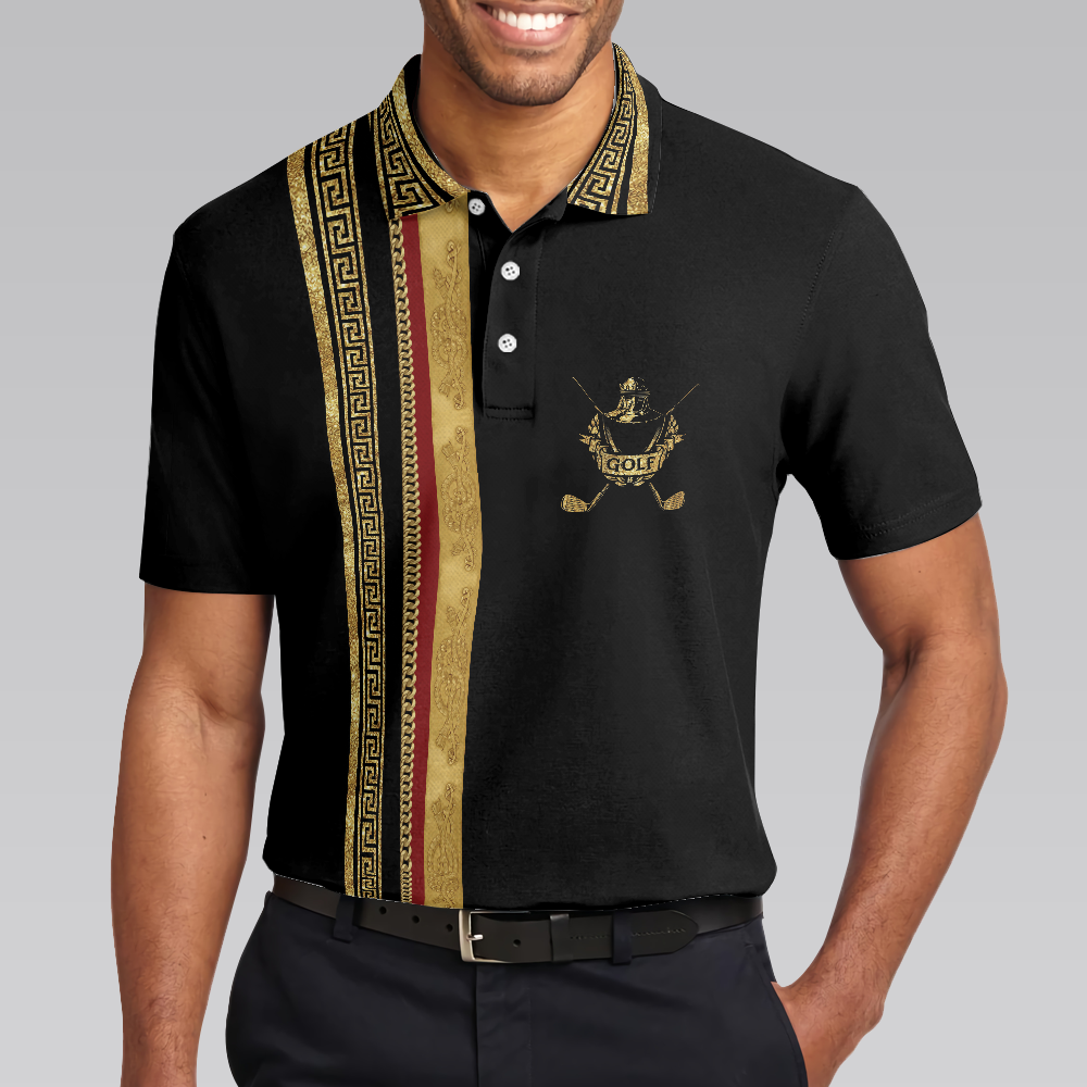 Golf Crusader King Luxury Baroque Pattern Golf Men Polo Shirt, Elegant Black Golfing Polo Shirt, Best Golf Shirt For Men