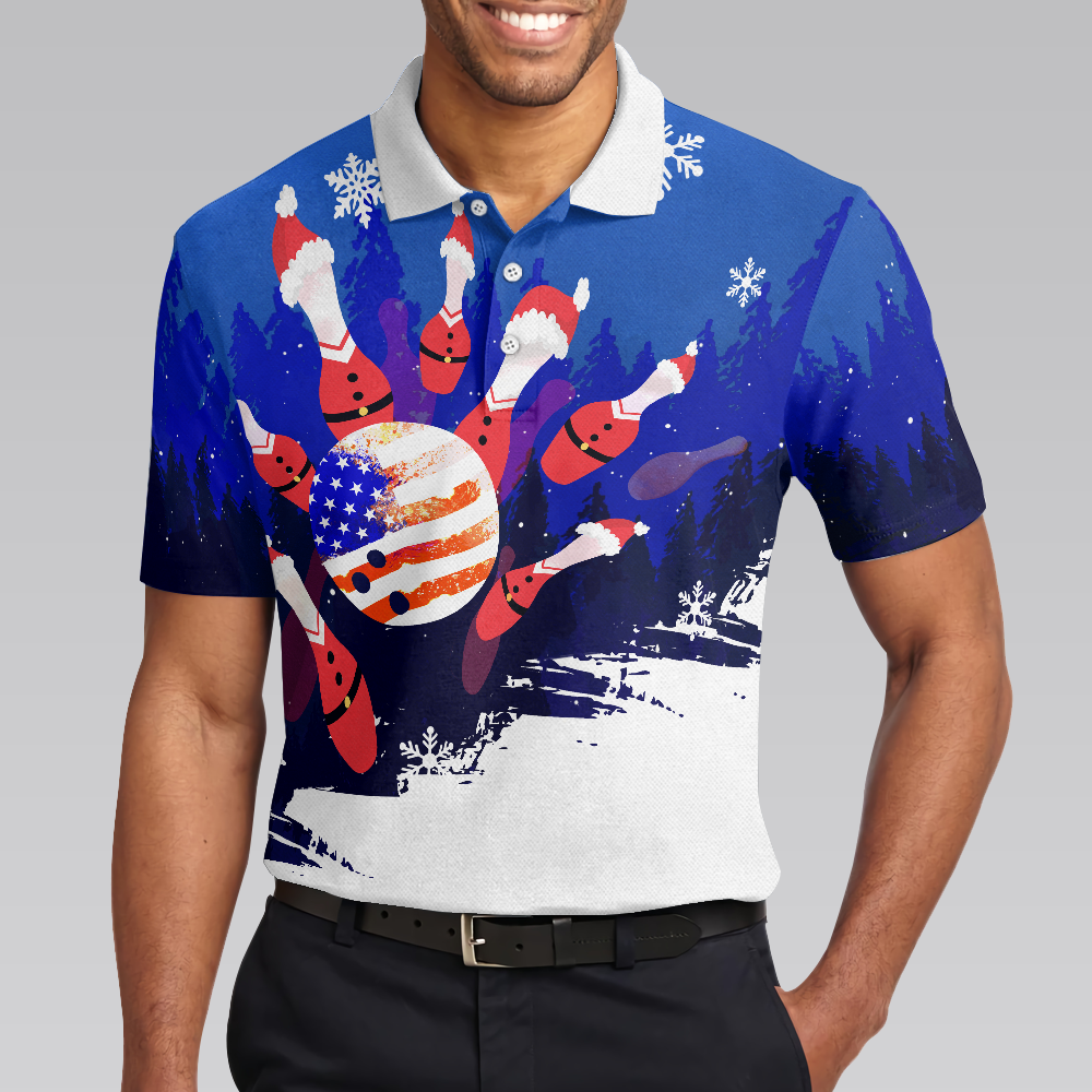 Bowling Men Polo Shirt - Christmas Bowling with Santa Pins Men Polo Shirts, American Flag Polo Shirt For Men - Perfect Gift For Friend, Family, Bowling Lovers