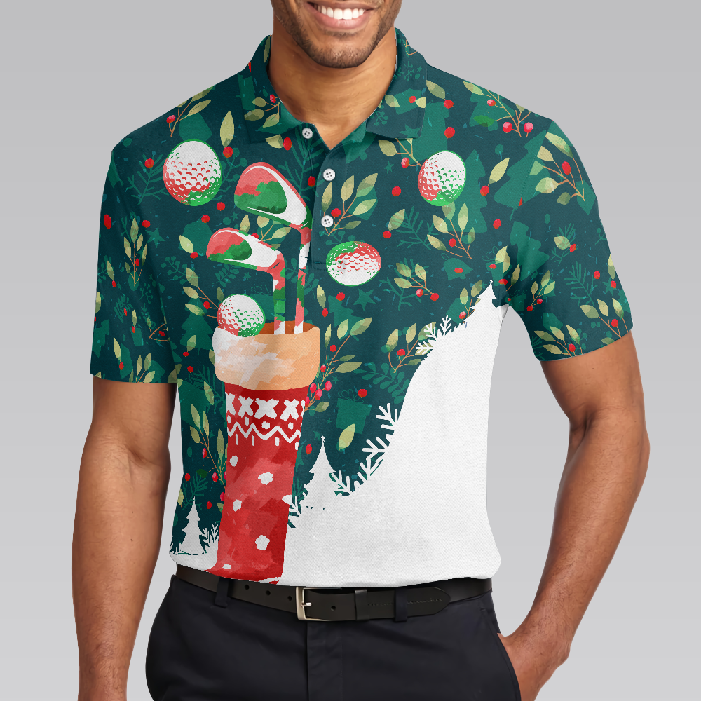 Christmas Golf Polo Shirts For Men, Christmas Socks With Golf Balls Pattern Mens Shirt Short Sleeve - Best Gift For Golf Lovers