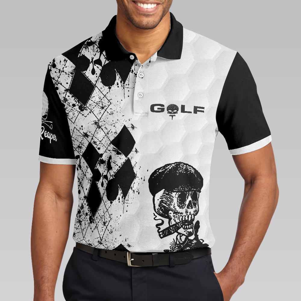 Skull Golf Reaper Polo Shirt, Black And White Argyle Pattern Polo Shirt, Best Golf Shirt For Men - Perfect Gift For Men, Golfers