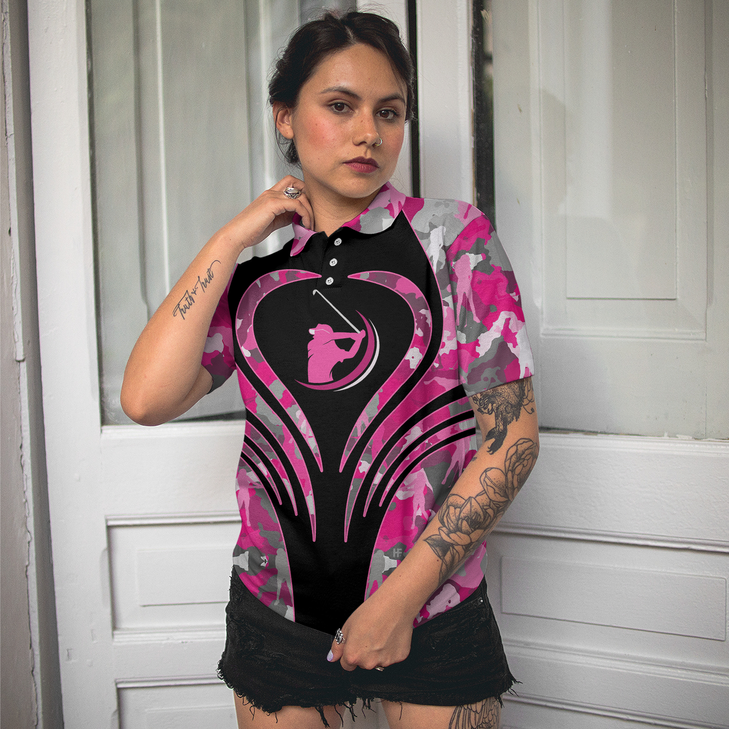 Golf Girl Pink Camouflage Pattern Short Sleeve Women Polo Shirt, Unique Female Golf Gift, Golf Gift For Ladies