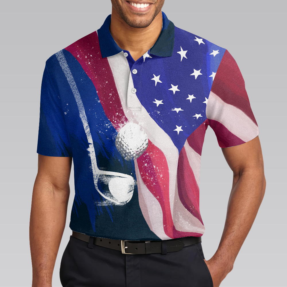 Golf Men Polo Shirt, Watercolor American Flag Short Sleeve Men Polo Shirt - Perfect Gift For Men, Golfers