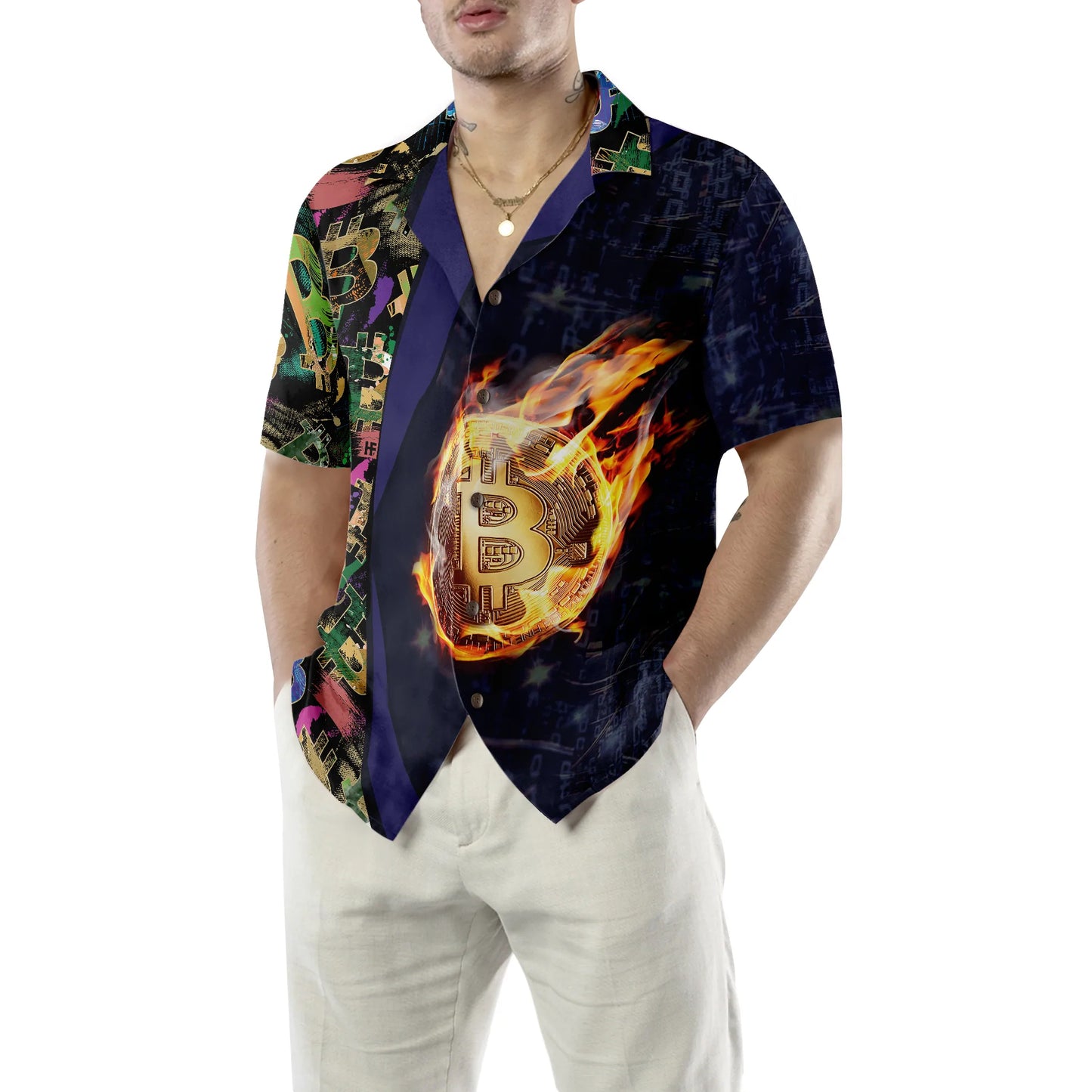 Bitcoin Block Chain Flame Hawaiian Shirt, Bitcoin Aloha Shirt For Men - Perfect Gift For Bitcoin Lovers, Family, Friends, Husband, Boyfriend