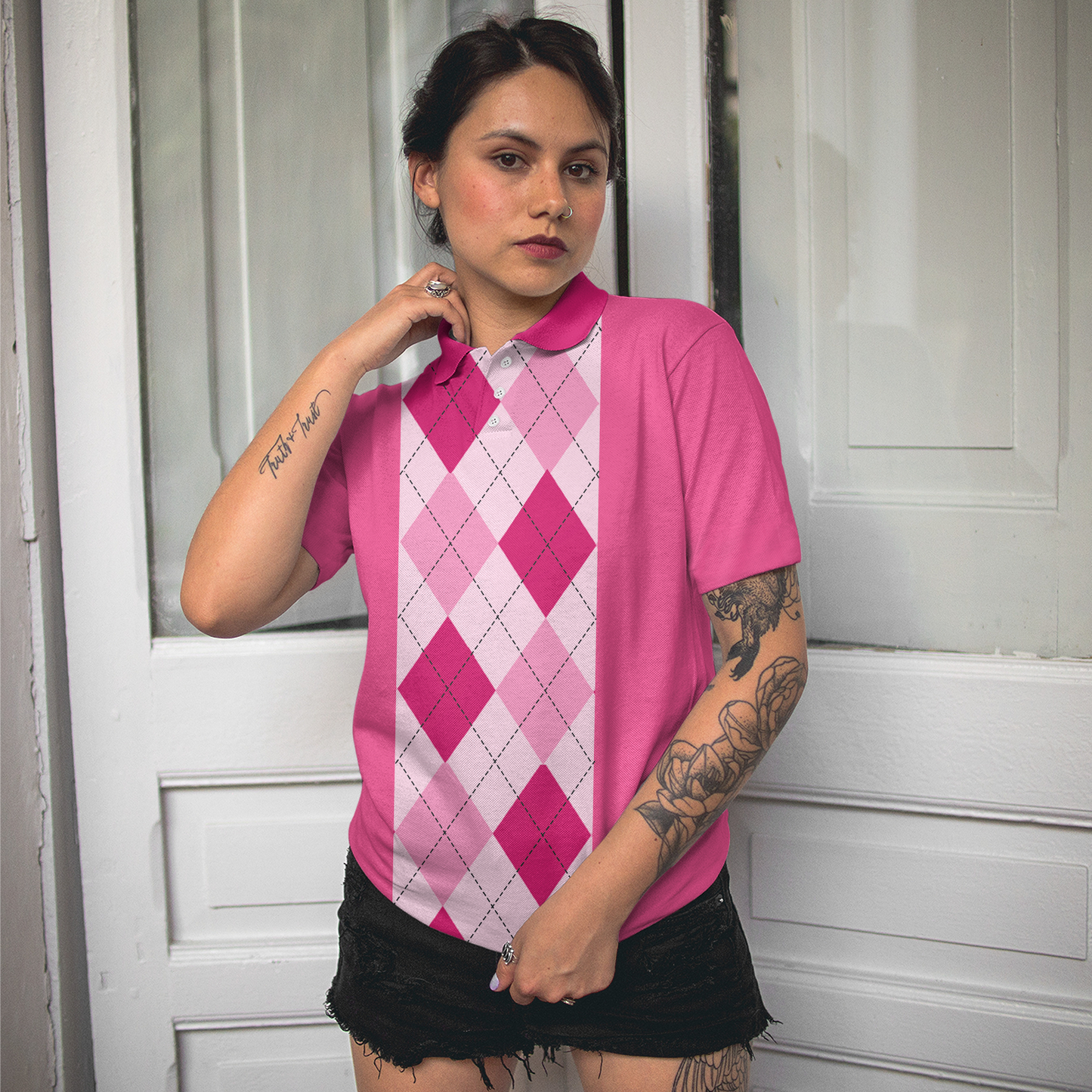 Pink Argyle Pattern Golf Women Polo Shirt, Anytime Is A Good Time For Golf Short Sleeve Shirt For Female Golfers, Gift For Golfers