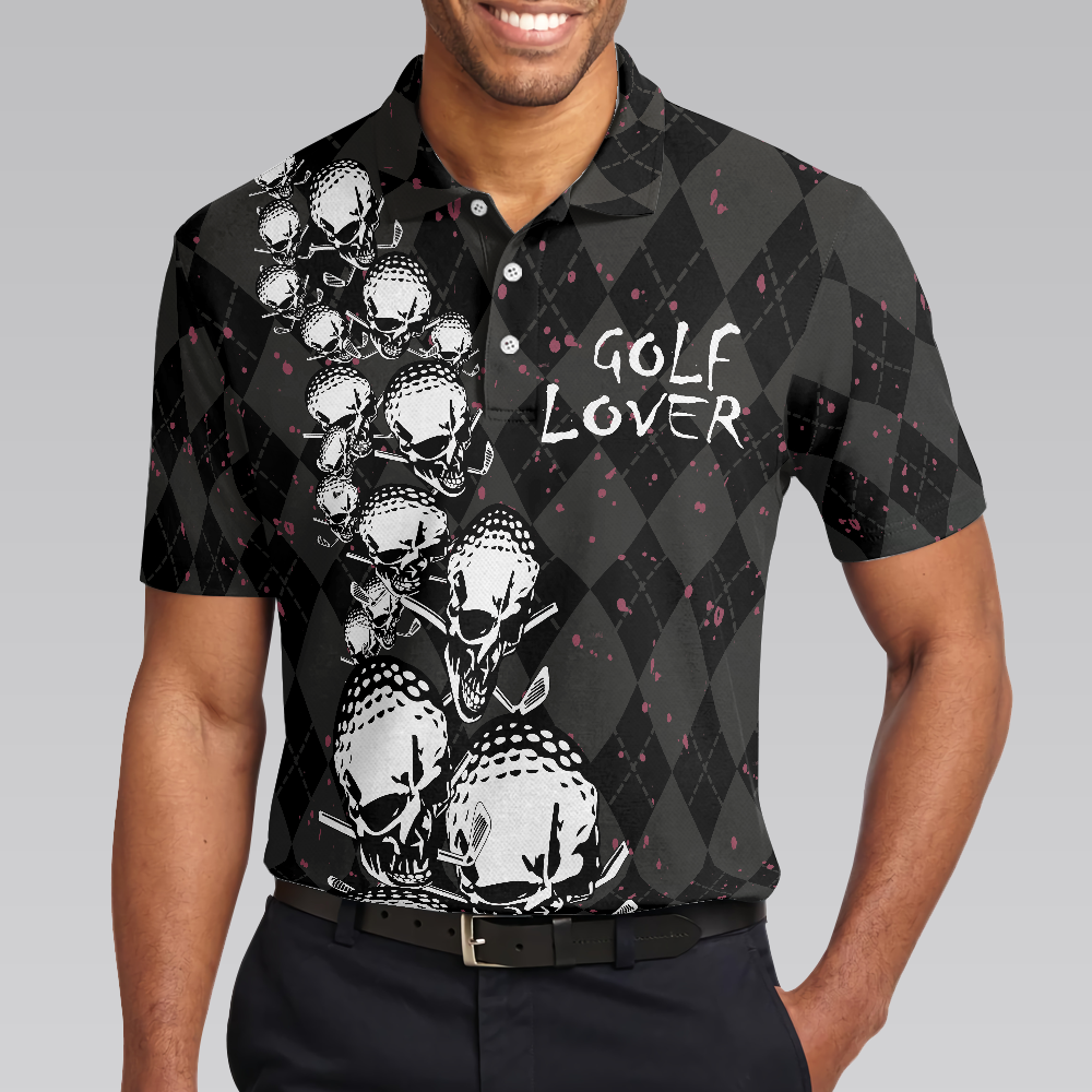Elegant Argyle Pattern And Skull Golf Lover Polo Shirt, Black Skull Golf Shirt For Men, Best Gift For Men
