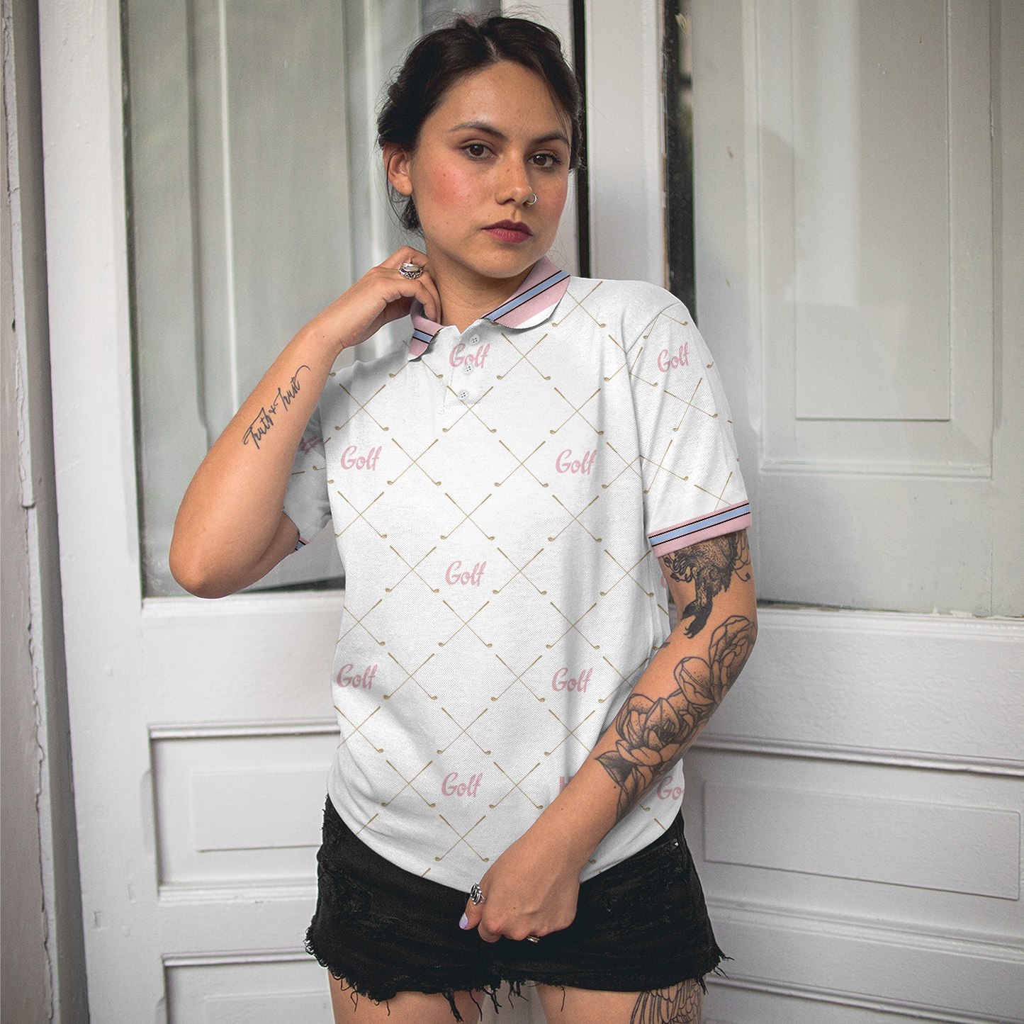 Golf In Pink With Simple Golf Clubs Pattern Short Sleeve Women Polo Shirt, Classic Golf Shirt For Ladies