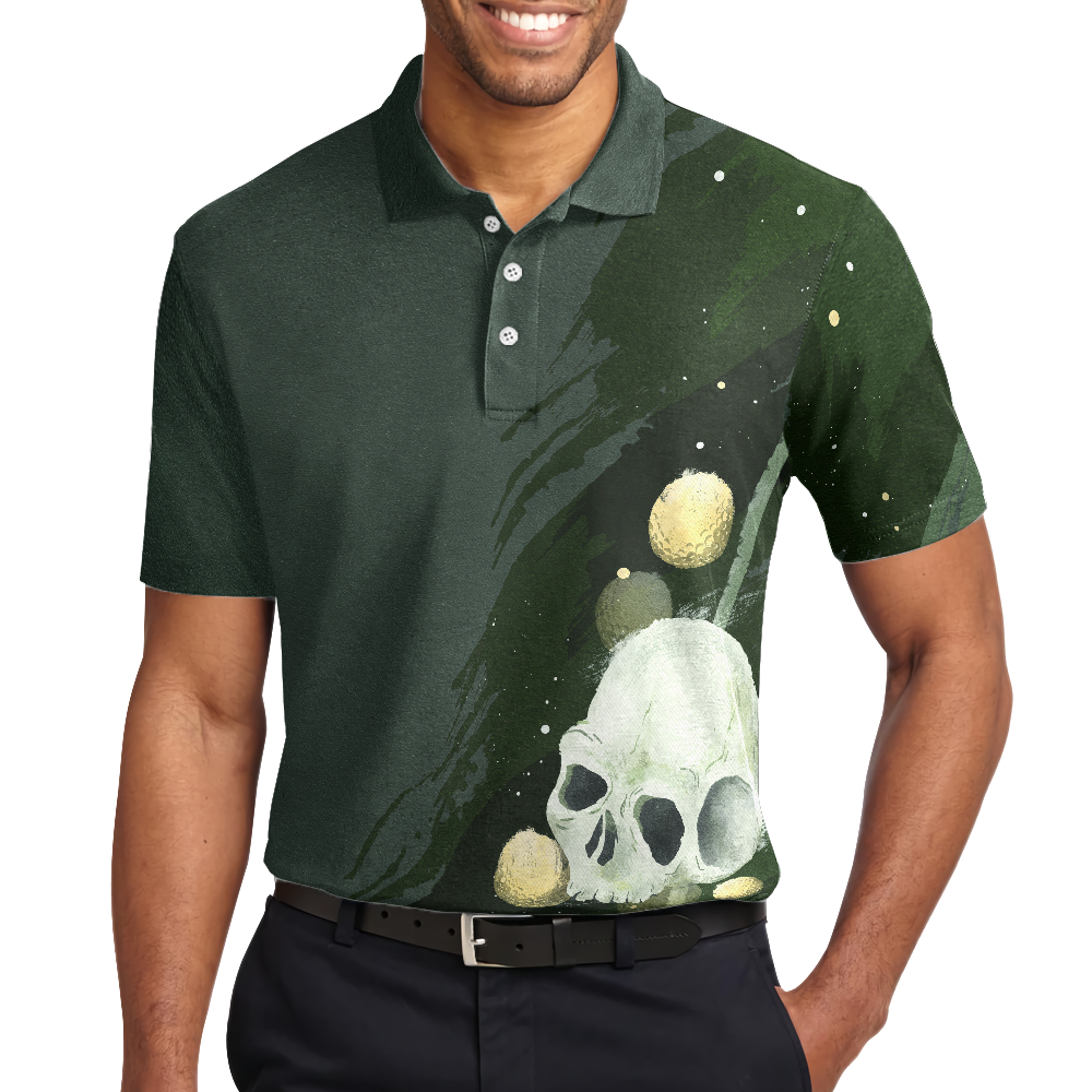 Water Color Golf Skull With Golf Ball Short Sleeve Polo Shirt, Dark Green Golf Shirt For Men - Perfect Gift For Men, Golfers