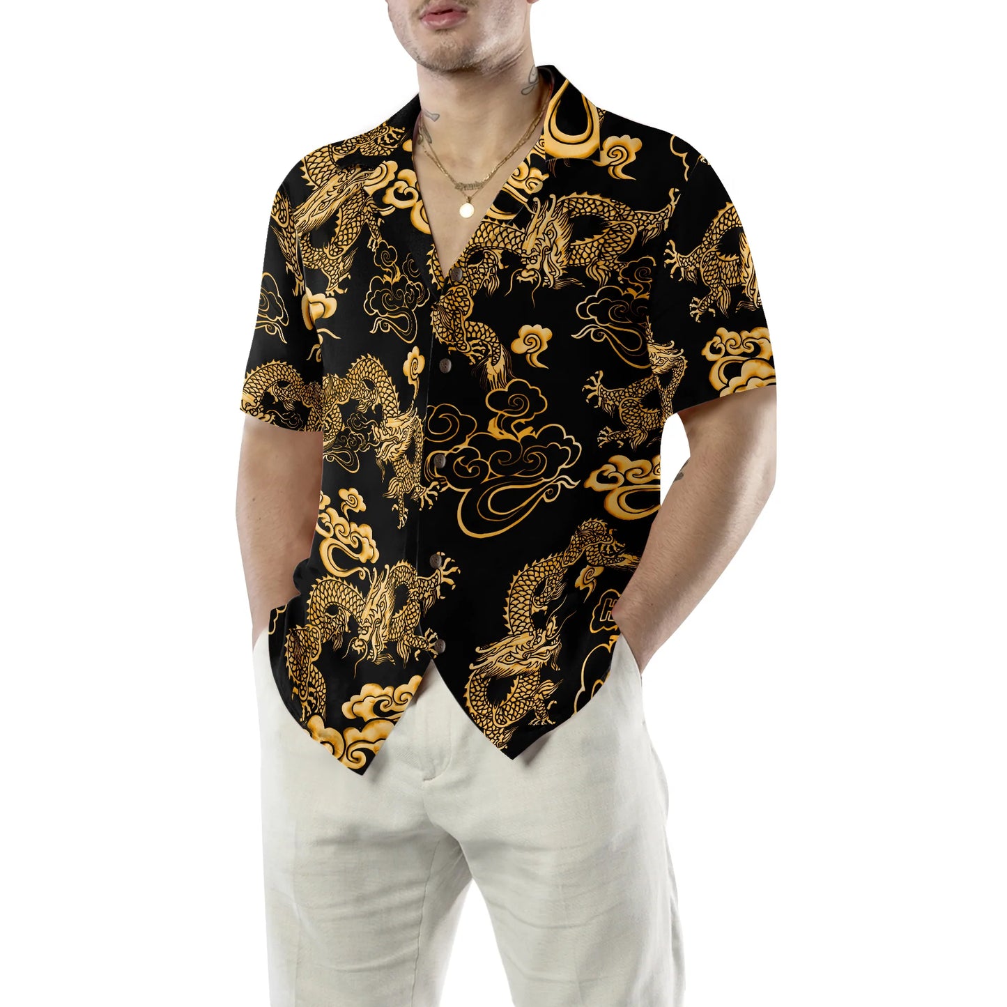 Black Gold Oriental Dragon Hawaiian Shirt, Hawaiian Shirt For Men - Perfect Gift Husband, Wife, Boyfriend, Girlfriend, Family, Friends