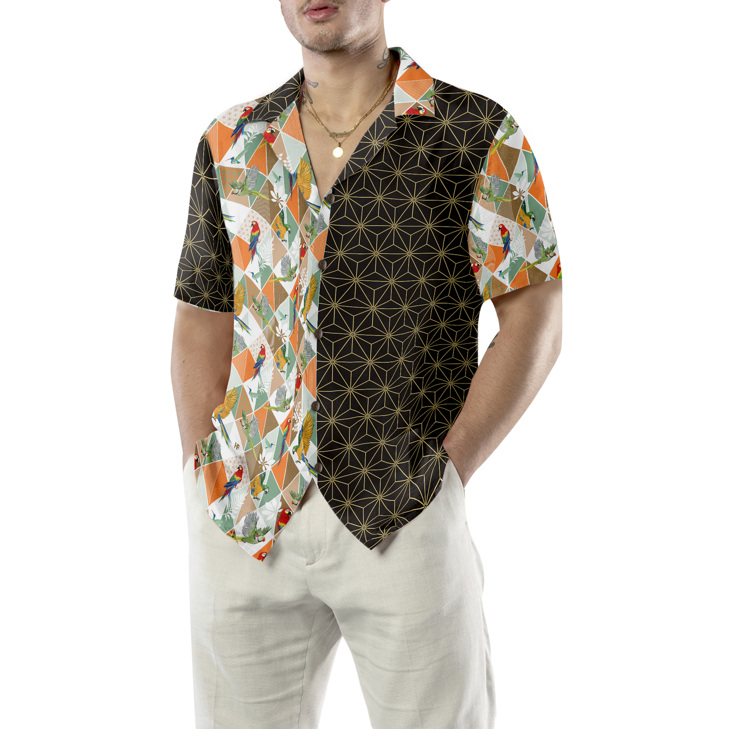 Bold Geometric Parrot Palm Hawaiian Shirt, Best Gift For Husband, Wife, Boyfriend, Girlfriend, Friend, Family