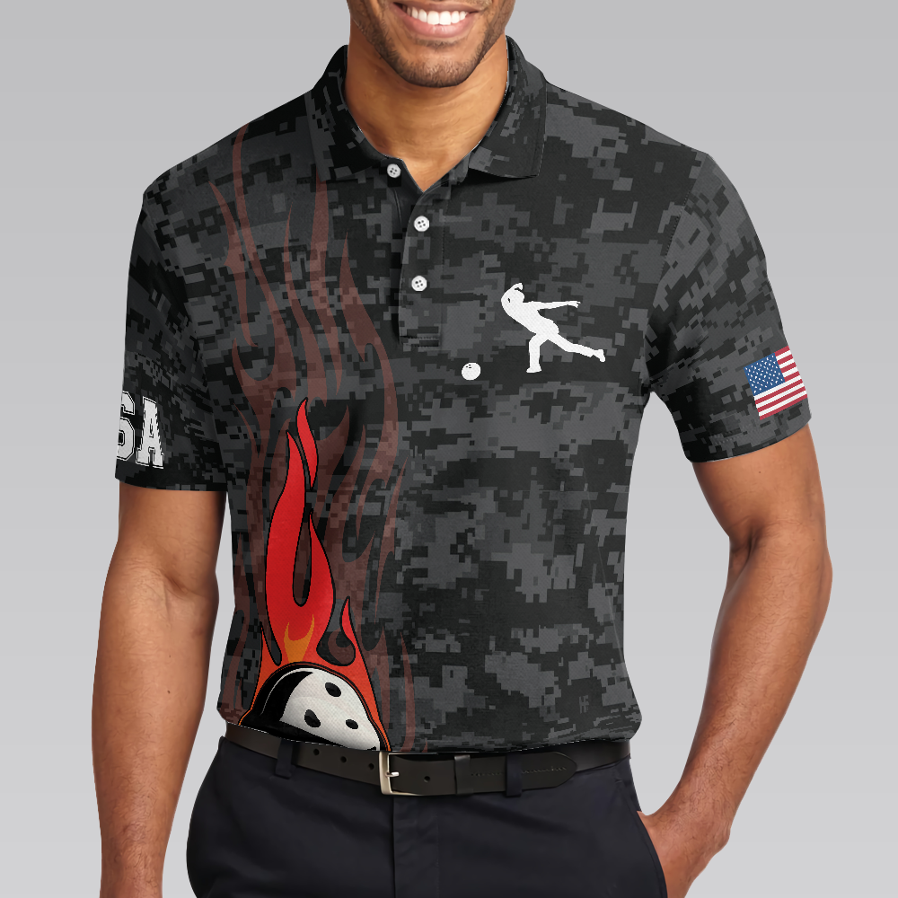 Bowling Men Polo Shirt - America Eagle Bowling, Camouflage USA Flag Men Polo Shirt - Perfect Gift For Friend, Family, Bowling Lovers
