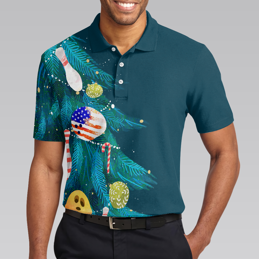 Bowling Men Polo Shirt - Christmas Tree Decorations with Bowling Men Polo Shirts, American Flag Polo Shirt For Men - Perfect Gift For Friend, Family, Bowling Lovers