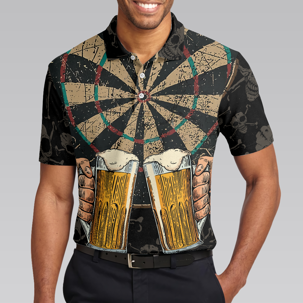 Darts And Beer That's Why I'm Here Short Sleeve Polo Shirt, Skull Darts Print Shirt For Men, Best Gift For Dart Lover