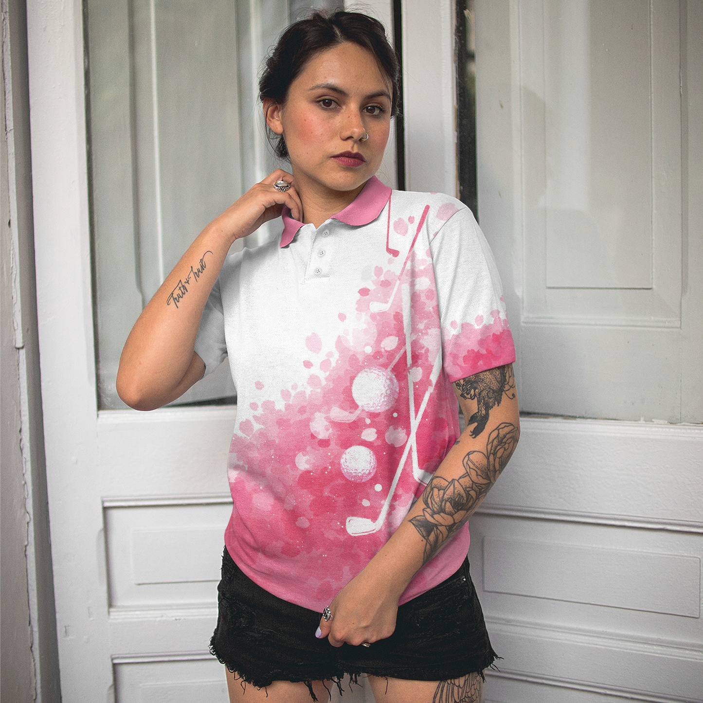 Artistic Pink and White Golf Short Sleeve Women Polo Shirt, Golf Shirt For Women, Gift For Golfers