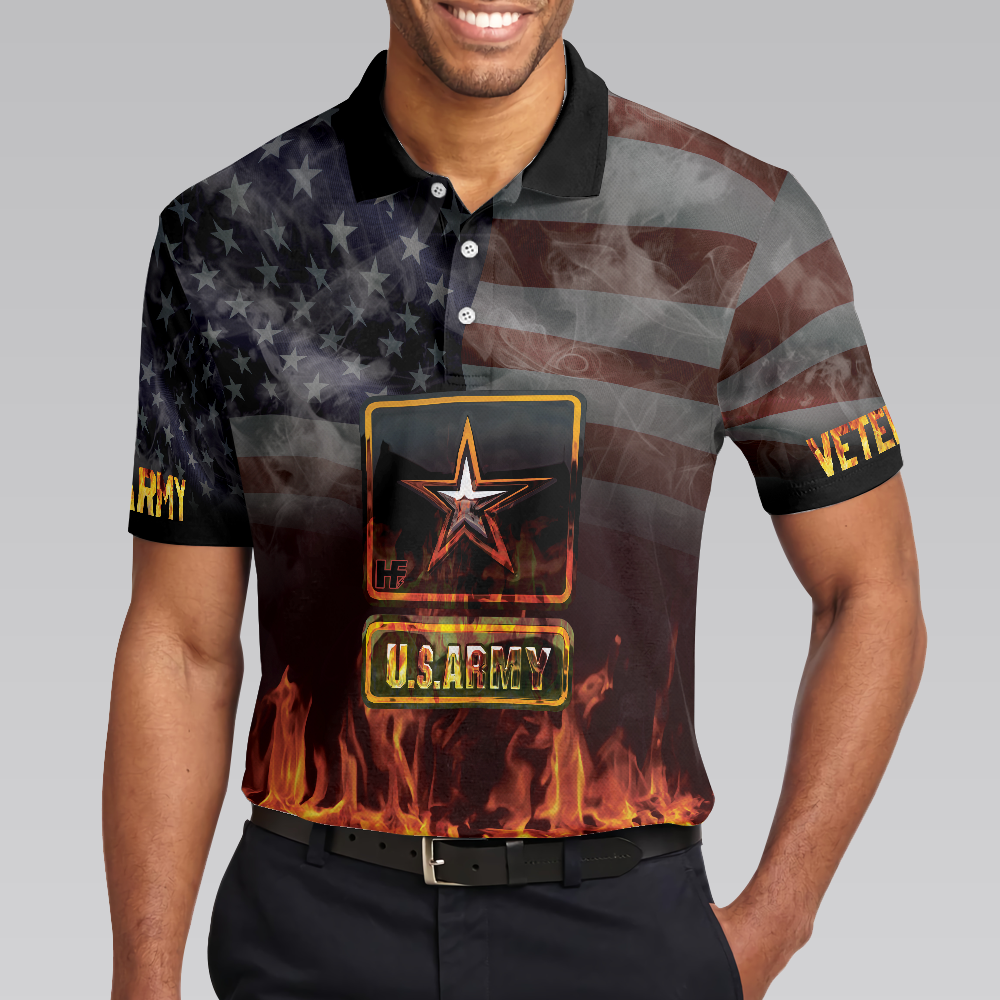 US Army Veteran And Flame Polo Shirt, American Flag Veteran Shirt For Retired Veterans, Flame Veteran Shirt - Perfect Gift For Men