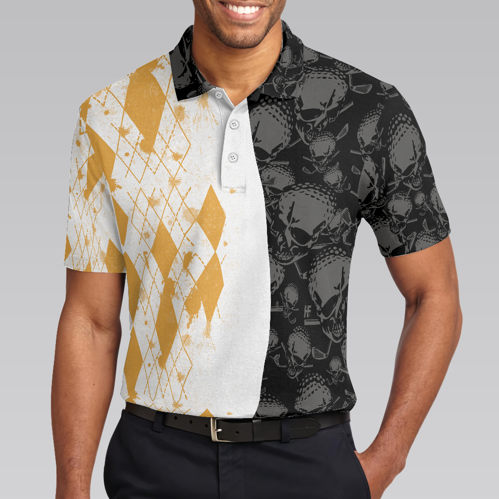 Skull And Yellow Argyle Pattern Golf Polo Shirt, Grip It Rip It Sip It Golf Polo Shirt, Skull Golf Shirt Design