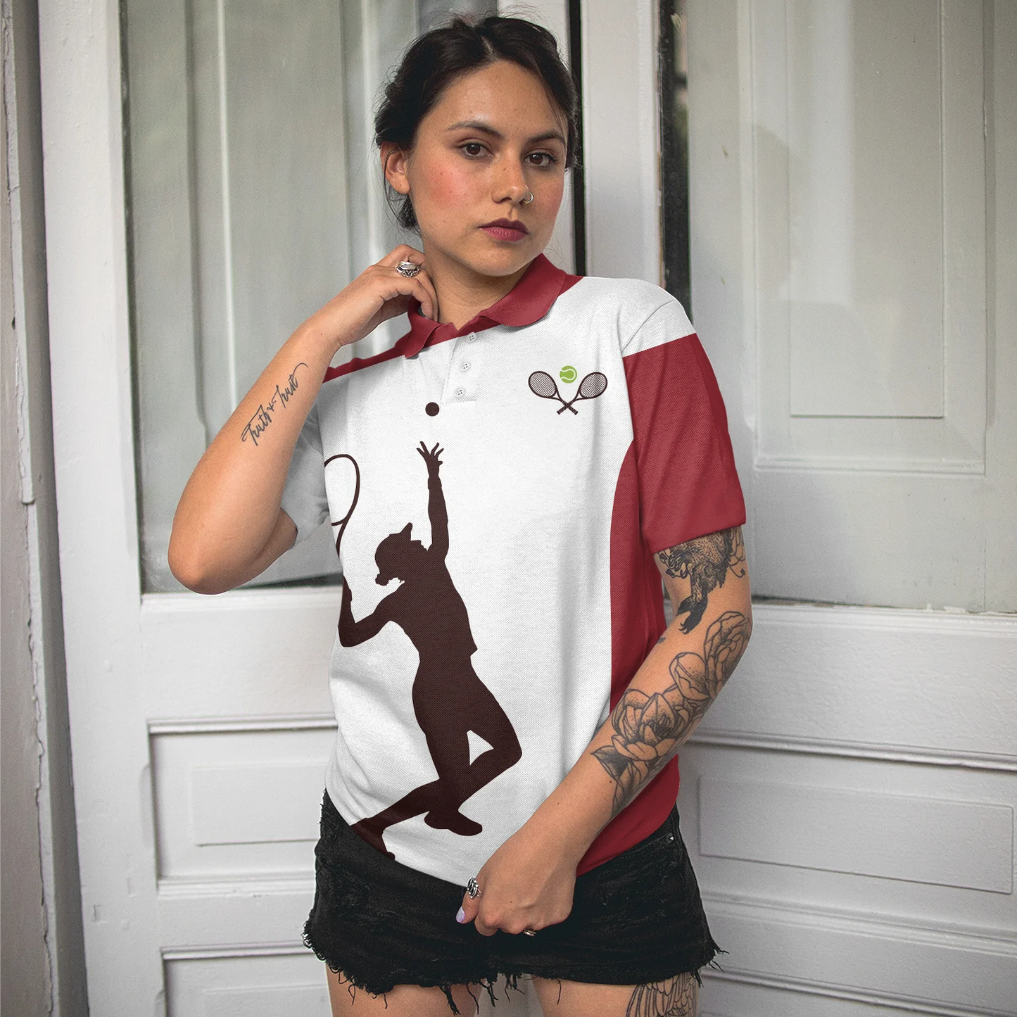 Living That Tennis Mom Life Short Sleeve Women Polo Shirt, White And Red Tennis Shirt For Ladies