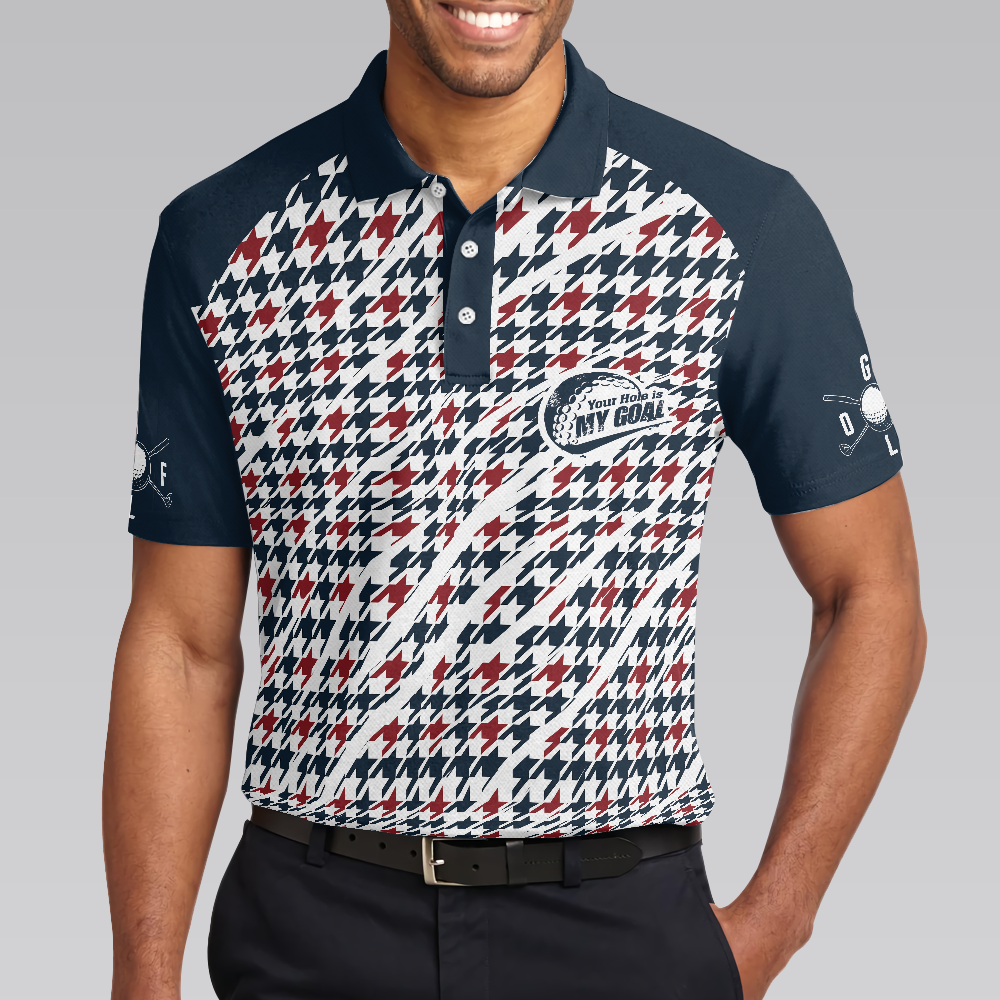 Trendy Red & Blue Houndstooth Pattern Golf Shirt, Your Hole Is My Goal Polo Shirt, Best Golf Shirt For Men - Perfect Gift For Men