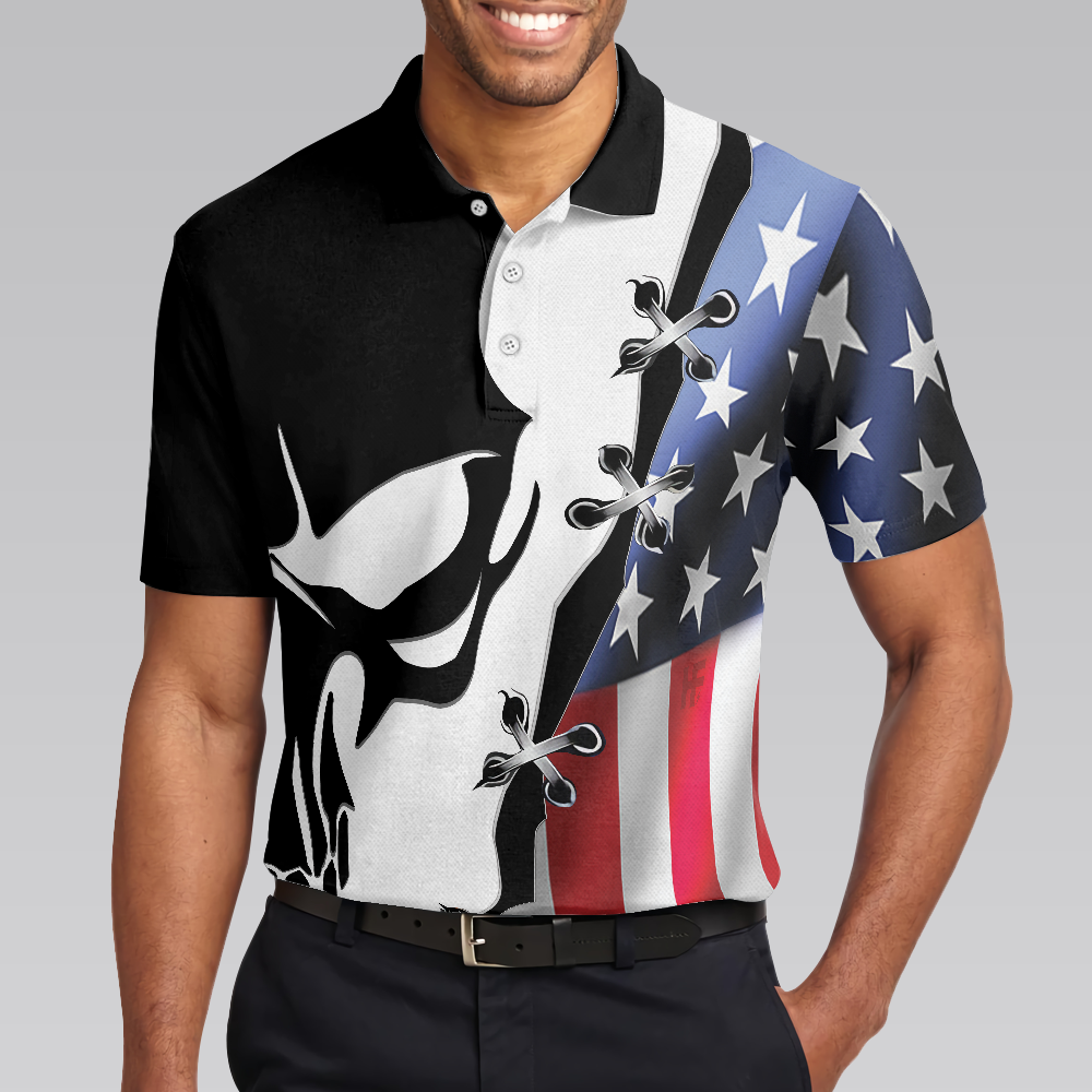 Men Polo Shirt - Black Skull Billiards Short Sleeve Polo Shirt, American Flag Polo Shirt, Best Billiards Shirt For Men