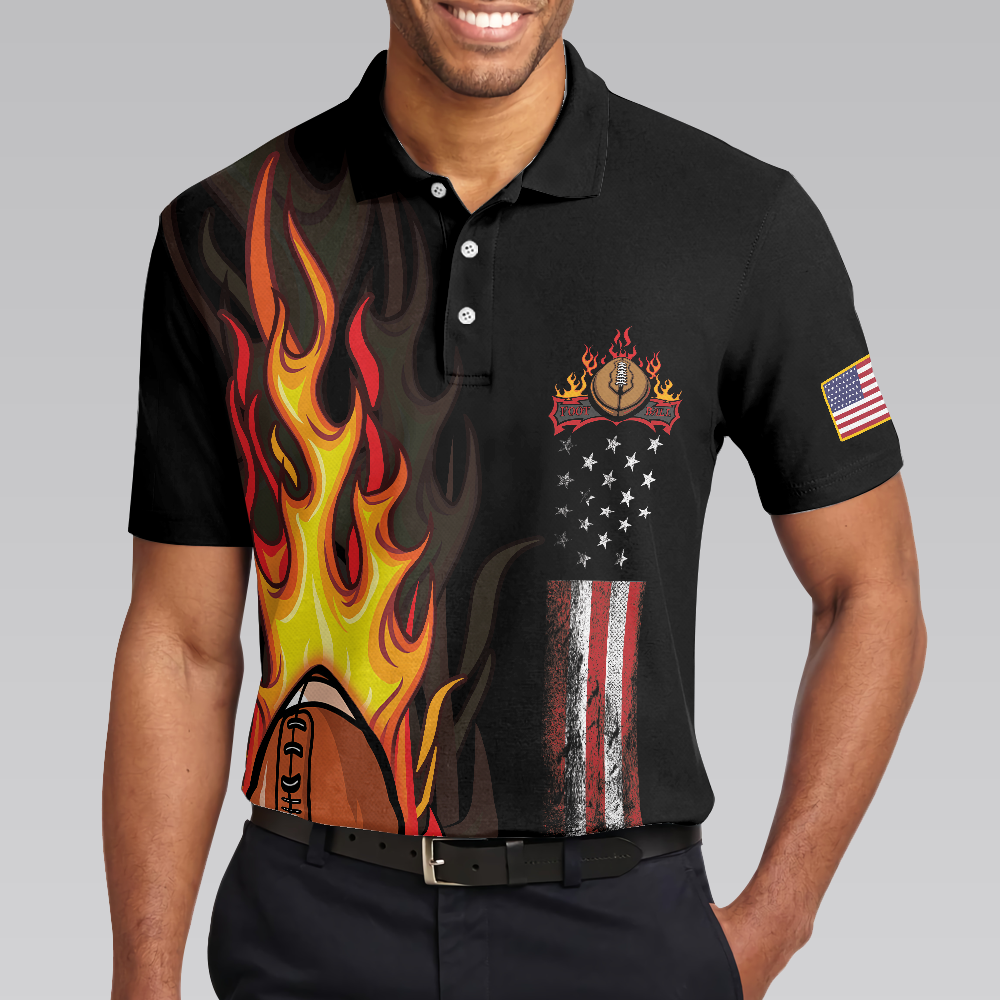 Flame American Football Black Men Polo Shirt, American Flag Football Polo Shirt, Best Football Shirt For Men