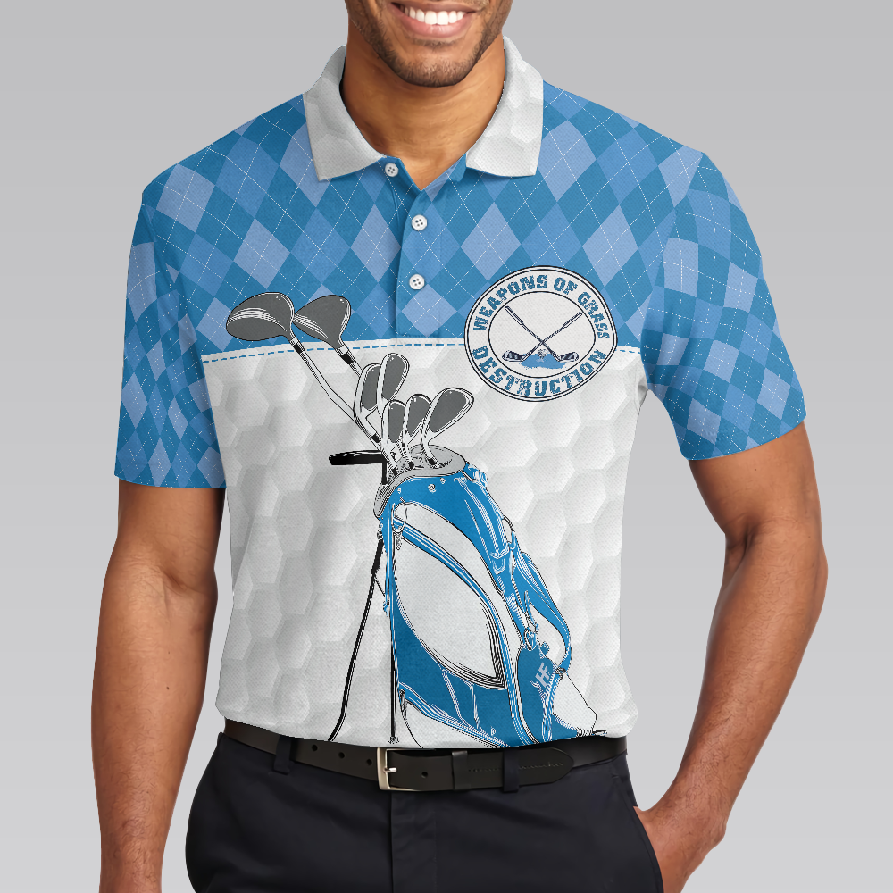 Golf Polo Shirt, Weapons Of Grass Destruction Short Sleeve Polo Shirt, Golf Texture Blue Argyle Pattern Polo Shirt - Best Golf Shirt For Men, Golfers