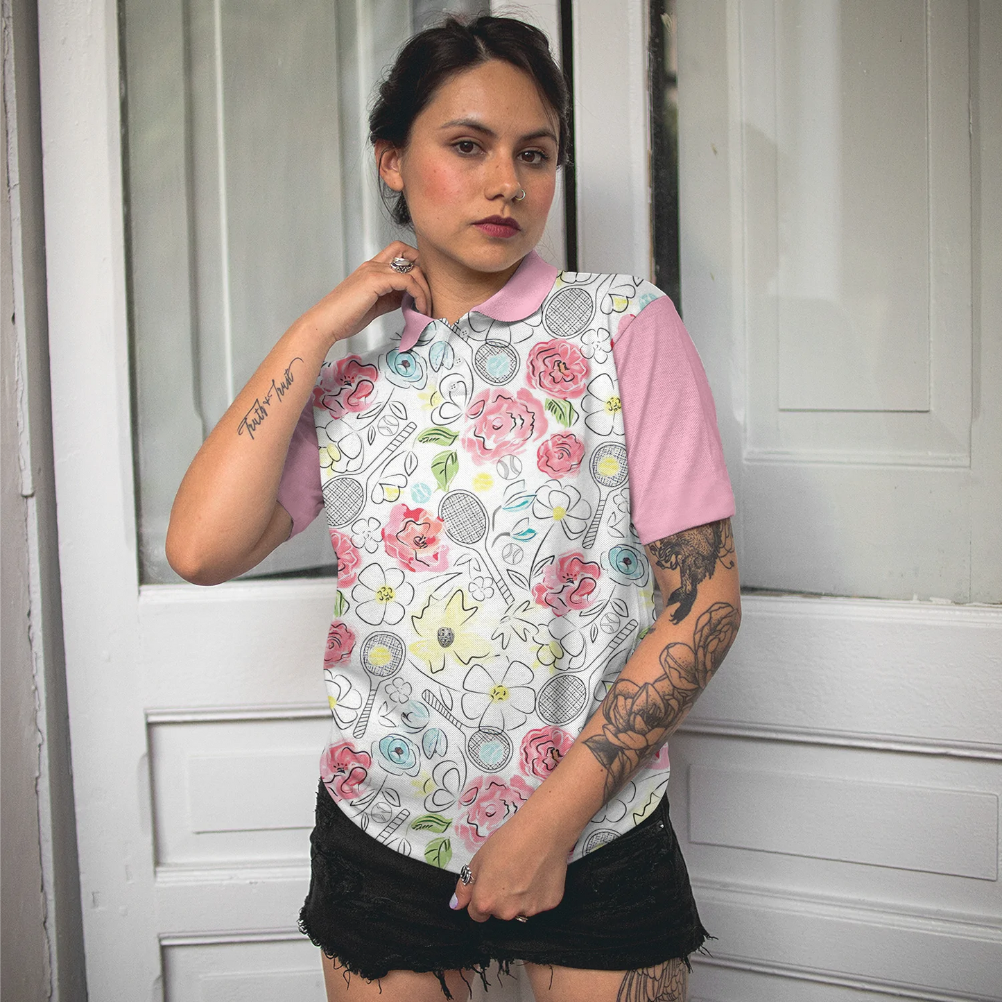 Women Polo Shirt - Lovely Pink Floral Tennis Pattern Short Sleeve Women Polo Shirt - Gift For Golfer