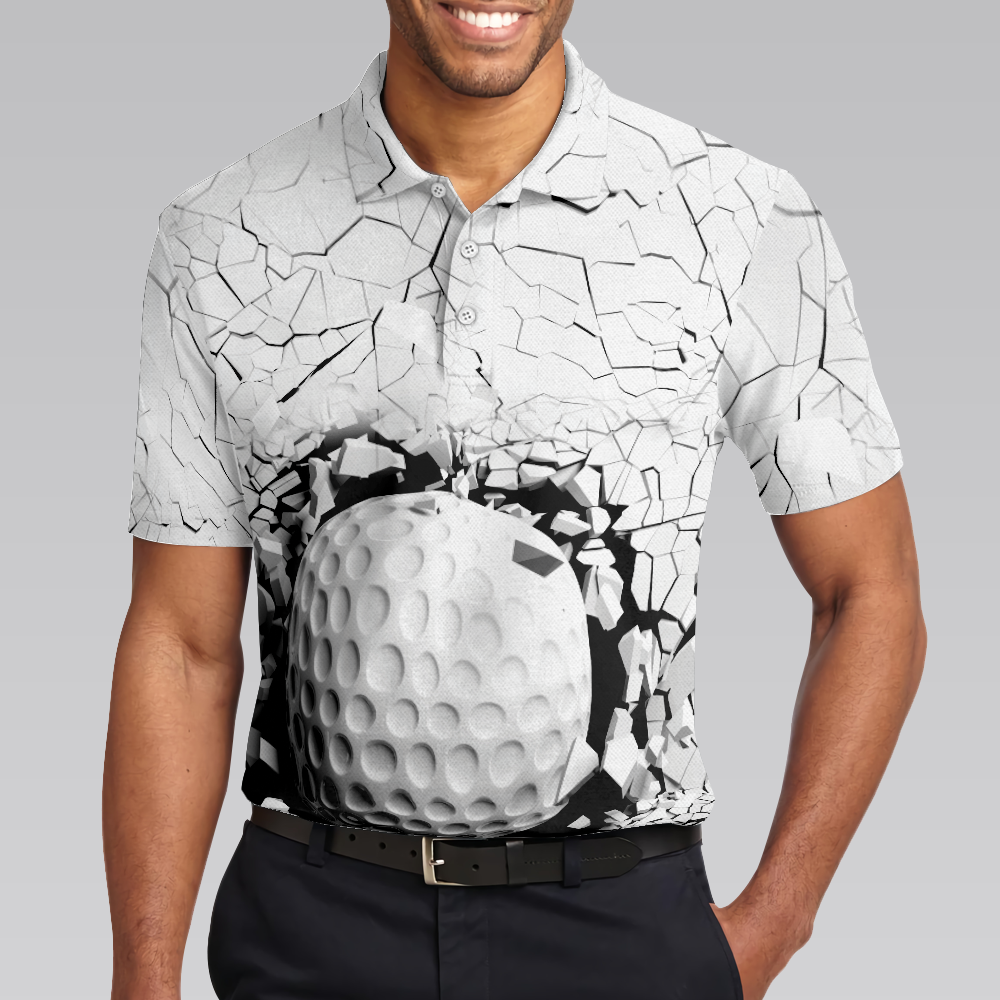 Golf Ball Breaking Men Polo Shirt, Black And White Cracking Pattern Polo Shirt, Best Golf Shirt For Men