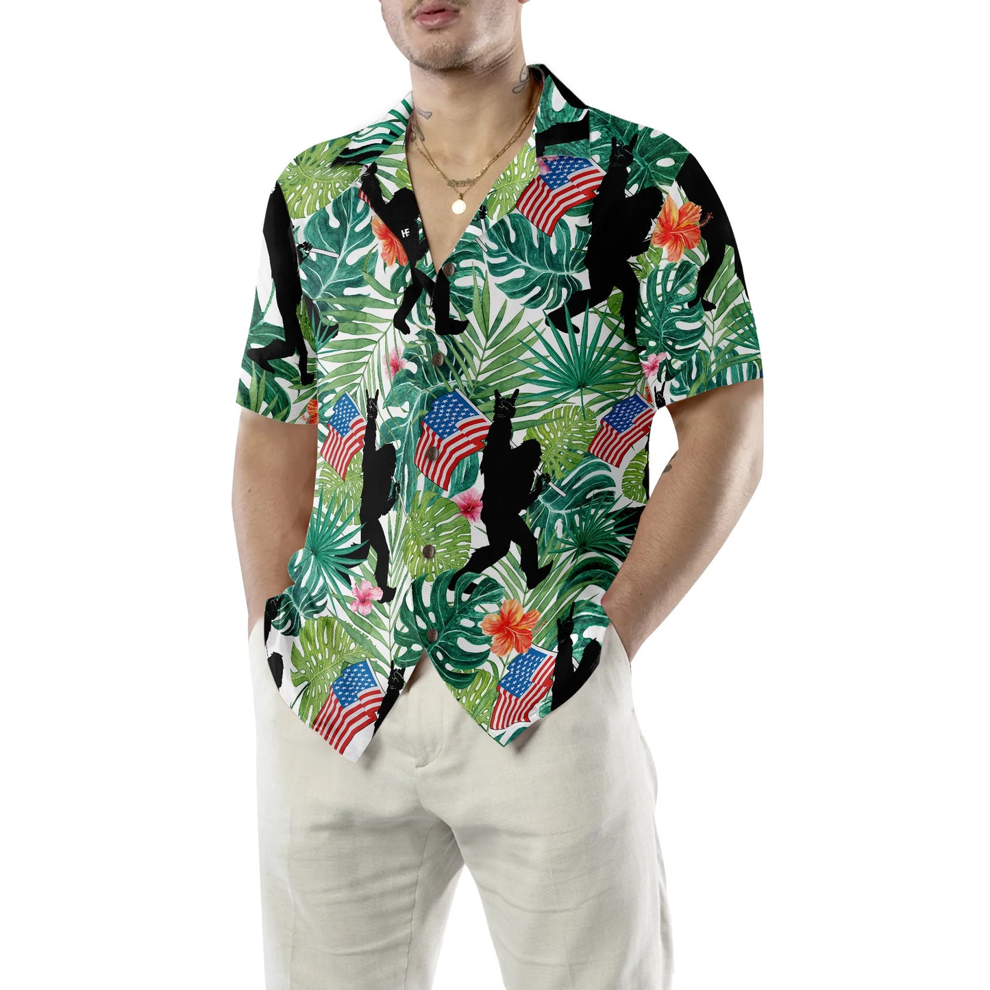 Bigfoot Tropical Hold USA Flag Bigfoot Hawaiian Shirt, Floral American Flag Bigfoot Shirt For Men, Aloha Bigfoot Tropical Shirt, Perfect Gift For Summer Lovers, Friends, Husband, Boyfriend, Family
