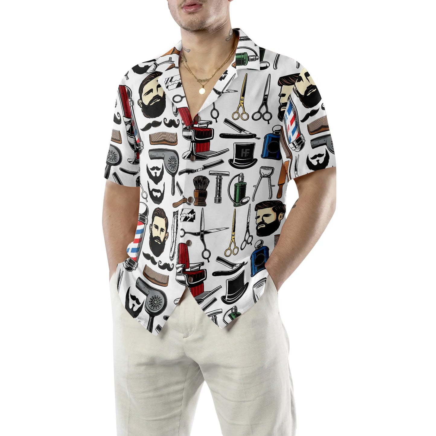 Barbershop Haircut & Shave Tools Pattern Hawaiian Shirt, Barber Symbol Aloha Shirt Summer For Men, Best Gift For Barber, Summer, Husband, Boyfriend