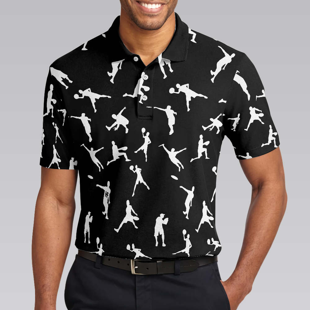 Silhouette Playing Disc Golf Polo Shirt, Black And White Disc Golfer Pattern Polo Shirt, Disc Golf Shirt For Men