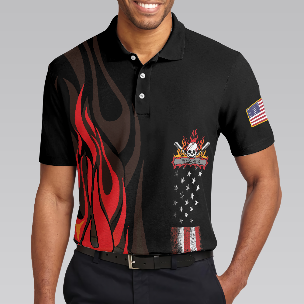 Flame Baseball Skull Men Polo Shirt, Baseball American Flag Polo Shirt, Best Baseball Shirt For Men, Gift For Baseball Lovers