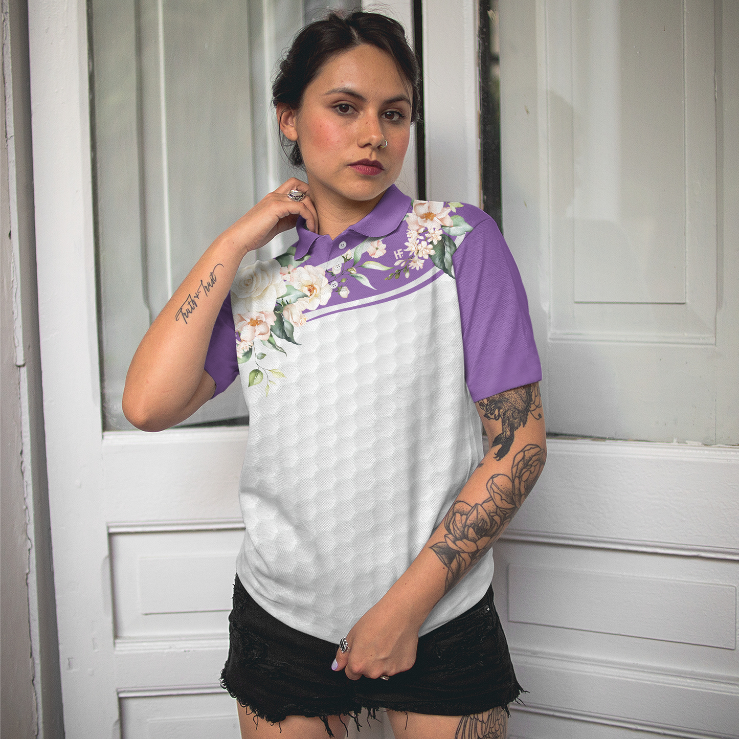 Golf Ball Texture With Roses Golf Short Sleeve Women Polo Shirt, Purple Golfing Polo Shirt For Ladies