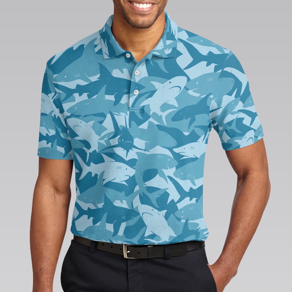 Camouflage Ocean Shark Pattern Short Sleeve Polo Shirt, Camo Aqua Polo Shirt, Best Shark Shirt For Men