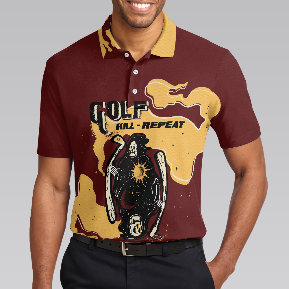 Golf Kill Repeat Funny Death Skull Polo Shirt, Vintage Golf Shirt For Men, Gift For Golfers