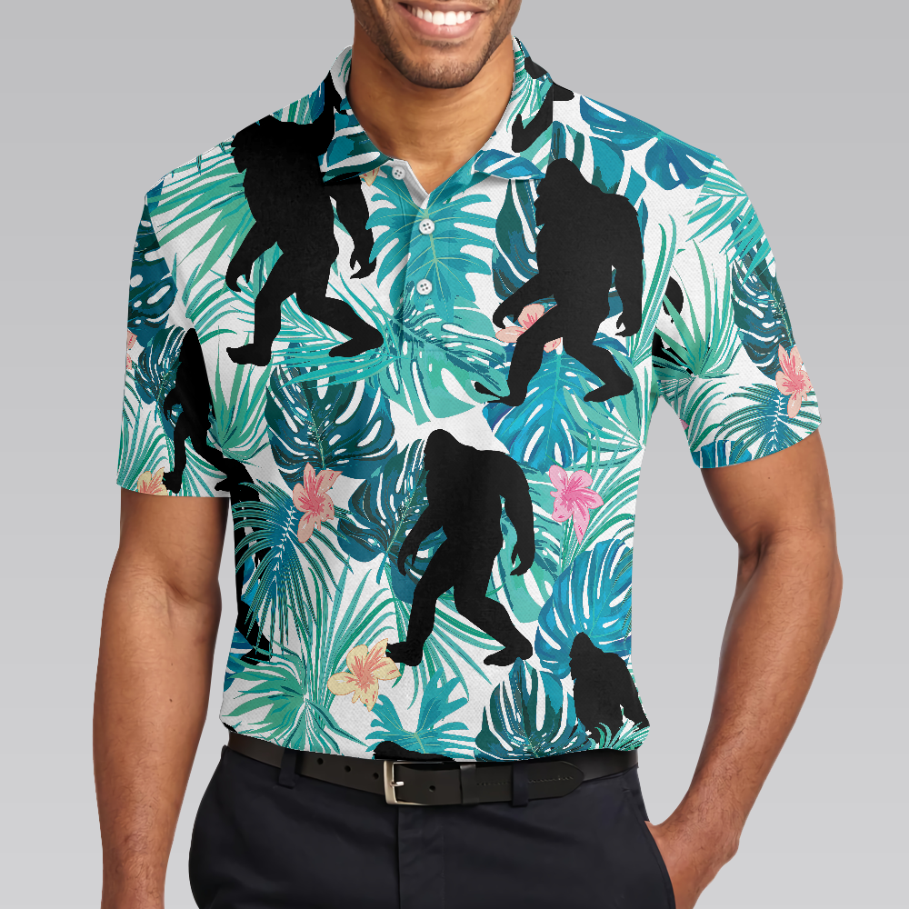 Bigfoot Tropical Short Sleeve Men Polo Shirt, Floral And Leaves Polo Shirt, Best Bigfoot Shirt For Men