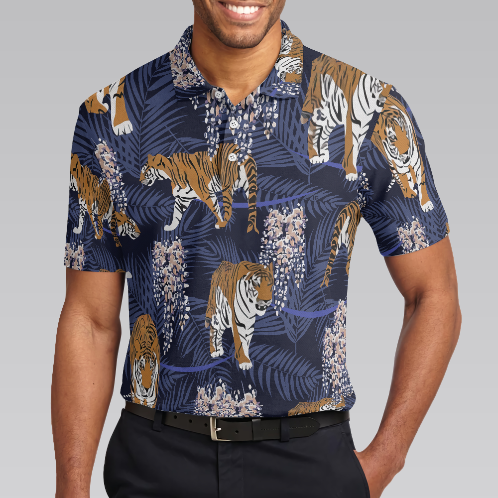 Tiger & Tropical Leaves Tiger Polo Shirt For Men, Tropical Tiger Shirt Short Sleeve, Gift For Tiger Lover - Perfect Gift For Men