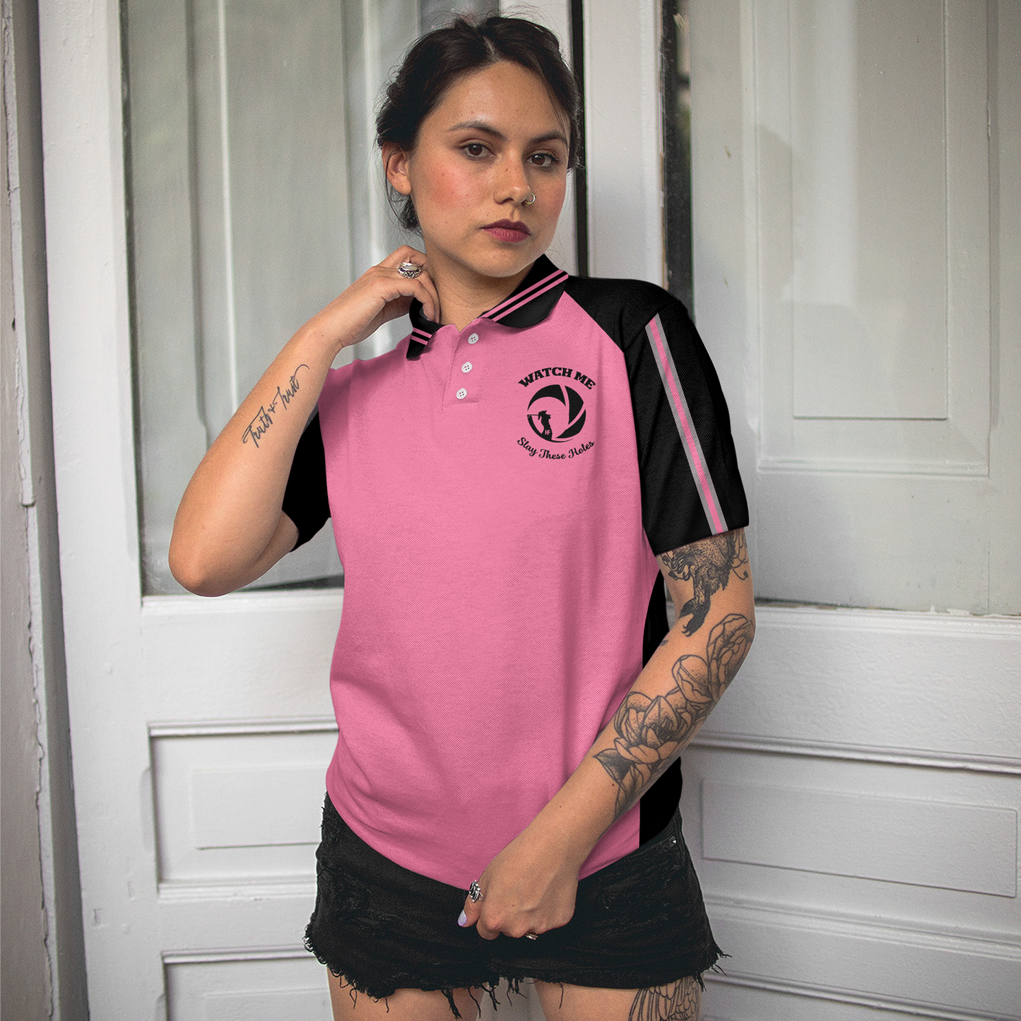 Golf Women Polo Shirt, Watch Me Slay These Holes Short Sleeve Women Polo Shirt, Pink And Black Polo Shirt - Perfect Gift For Ladies, Golfers