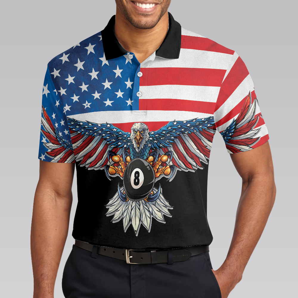 Billiards American Eagle Pool Mascot Men Polo Shirt, Cool American Flag Billiards Shirt For Men, Best Billiards Gift Idea, Gift For Billiards Lovers