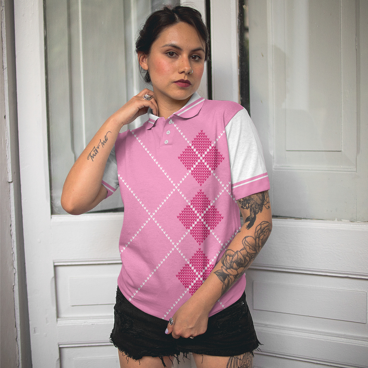Pink Argyle Golf Women Polo Shirt, Eat Sleep Golf Repeat Golf Short Sleeve Shirt For Ladies, Gift For Golfers